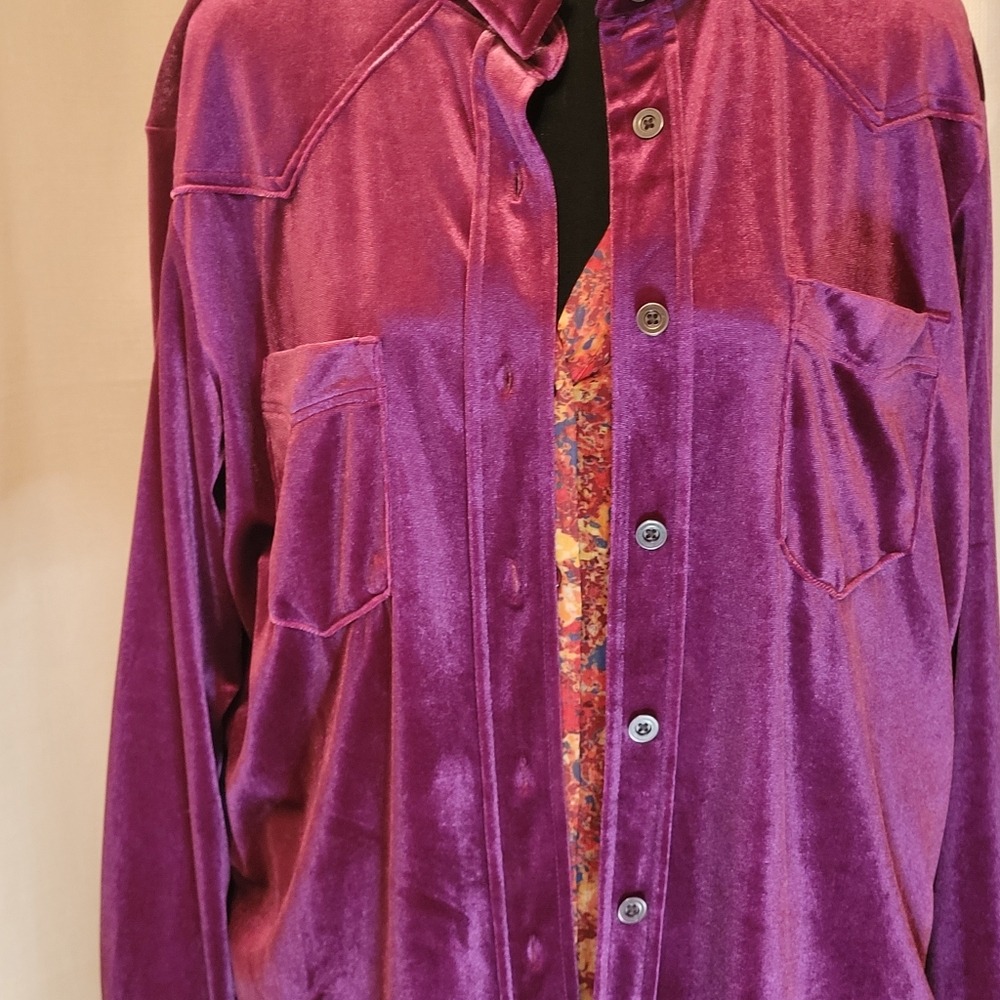 Velvet Wrangler Luxurious Velvet Button Down Shirt in Rich Purple, L,